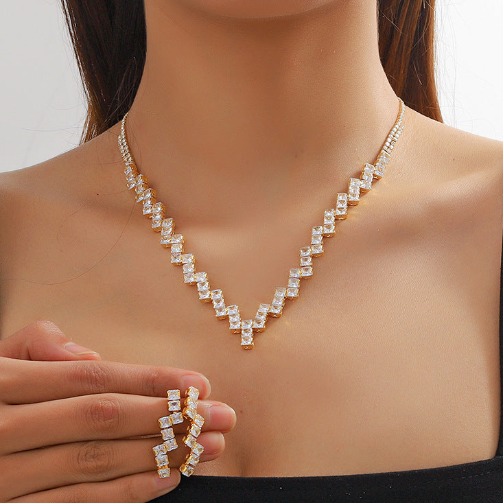 Jewelry crystal zircon collarbone necklace earrings two-piece set