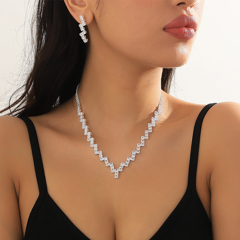 Jewelry crystal zircon collarbone necklace earrings two-piece set