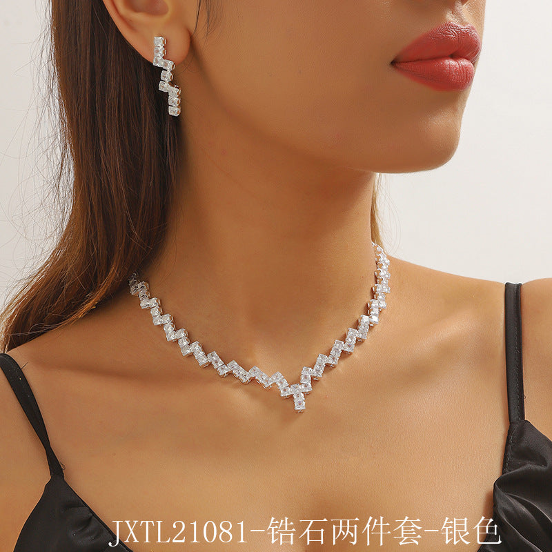 Jewelry crystal zircon collarbone necklace earrings two-piece set